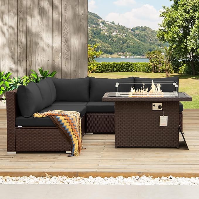NICESOUL 6 Piece L Shape Outdoor Couch Set with Fire Pit Natural Gas/Propane, 29.3'' High Back Deep Wide Seated Patio Conversation for Deck, Wicker Patio Furniture Set, Brown Rattan and Grey Cushion NICESOUL