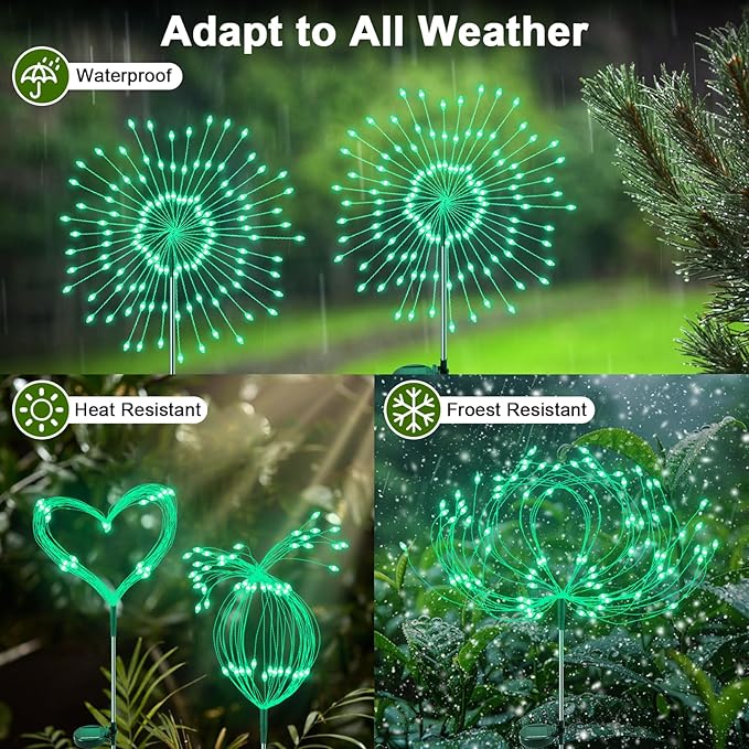 Solar Garden Lights Outdoor, 2 Pack 120 LED Twinkling Firework Lights Decorative with 2 Modes, Outdoor Waterproof Solar Starburst Light for Outside Yard Pathway Garden Decor, Green Yaafen