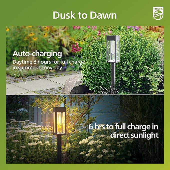 Philips 6 Packs Solar Pathway Lights Outdoor, Glass Metal Led Garden Landscape Lightings, 3000K Warm White, Waterproof for Decor Yard, Walkway, Patio, Driveway, Lawn PhilipsLightingLED