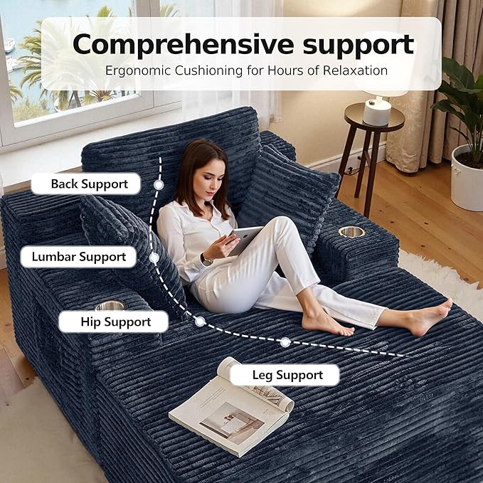 CHORRO67 Chaise Lounge Chair Indoor,Oversized Boneless Single Sleeeper Couch Bed,Corduroy Cloud Sofa with 3 Soft Pillows for Livingroom,Bedroom,No Assembly (Grey) CHORRO