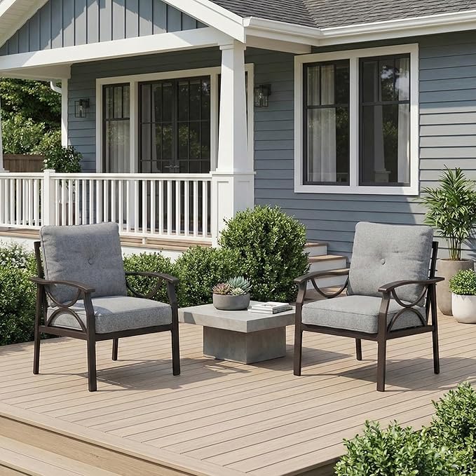 RoyalCraft 2 Pieces Outdoor Single Sofa,All-Weather Patio Metal Armchair,Khaki Metal Furniture with Gray Cushions Bringyoubetterlife