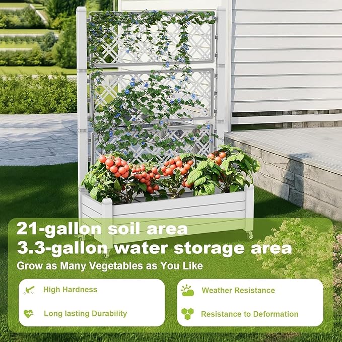 Raised Garden Bed with Trellis, 21 Gallon Self Watering Planter Box with Lockable Wheels & Drainage Holes for Climbing Plants Vegetables Flowers, Anti-Rust Resin for Backyard Patio (Ashen) OutdoorLivingPerfected