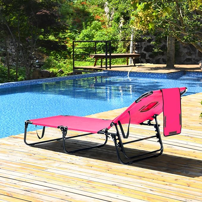 GYMAX Tanning Chair, 350lbs Beach Lounge Chair with Face Hole, Detachable Washable Pillow & Carry Strap, Adjustable Folding Chaise Lounge, Layout Chair for Outside, Patio, Poolside, Lawn (2, Pink) GYMAX