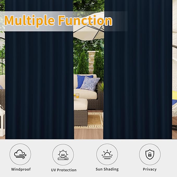 Easy-Going Outdoor Patio Curtains Detachable Tab Top Windproof Weatherproof Curtain for Cabana, Porch, Pergola and Gazebo, Tab Bottom Drape, 2 Panels, 54W x 120L inch, Navy Easy-Going