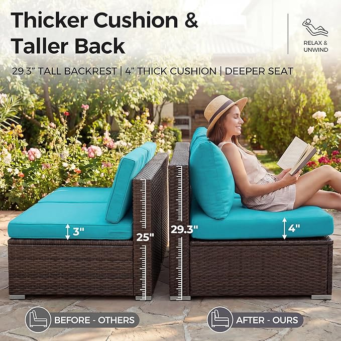 NICESOUL 8 Piece Outside Furniture Set, 29.3'' High Back Deep Seating Wicker Patio Modular Sectionals, Oversized Modern Comfy Conversation Sets for Backyard, Brown Rattan and Teal Cushion NICESOUL