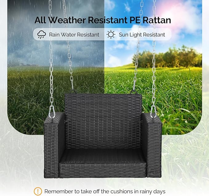 VINGLI 2.2 FT 1-Person Use Rattan Porch Swing Outdoor Support 440 LBS with Cushions & Adjustable Chains, Patio Wicker Swing Bench Chair for Garden, Yard, Lawn, Tree, Black VINGLI