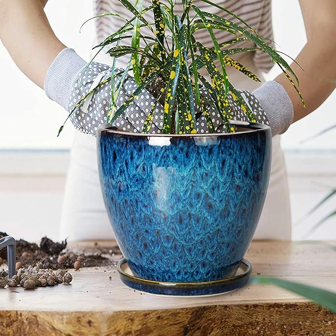 8 Inch Ceramic Planter Pot with Drainage Hole and Saucer, Ceraimc Plant Pot Round Flower Pot for Indoor Plants Outdoor Garden Planter, Blue EPFamily