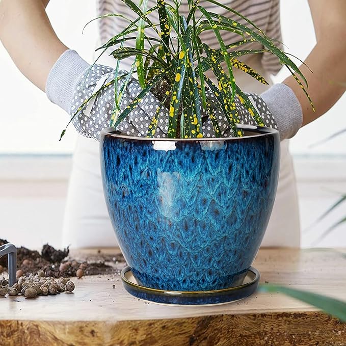 10 Inch Ceramic Planter Pot Round Plant Pot for Indoor Plants Outdoor Large Flower Pot with Drainage Hole and Saucer Blue EPFamily