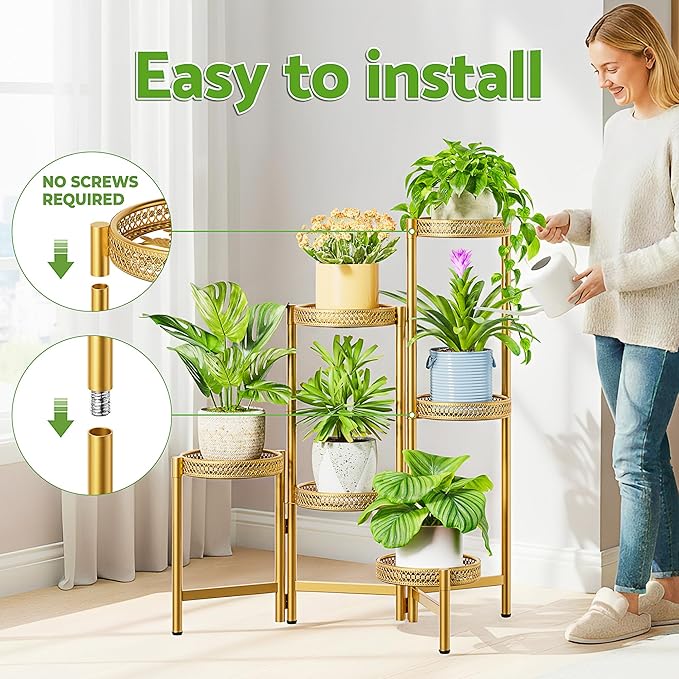 6 Tiered Plant Stand Indoor for Multiple Large Planter, Tall Heavy Duty Adjustable Folding Rack with Rustproof 7.9 Inch Wide Tray, Plant Shelf for Corner Living Room - GoldWave Rootora