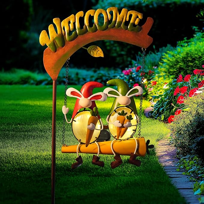 HONGLAND Outdoor Decor Solar Lights, Hanging Gnomes Swing Gardening Gifts for Women, Gnomes Outdoor Easter Decor with Welcome Sign for Porch Patio HONGLAND