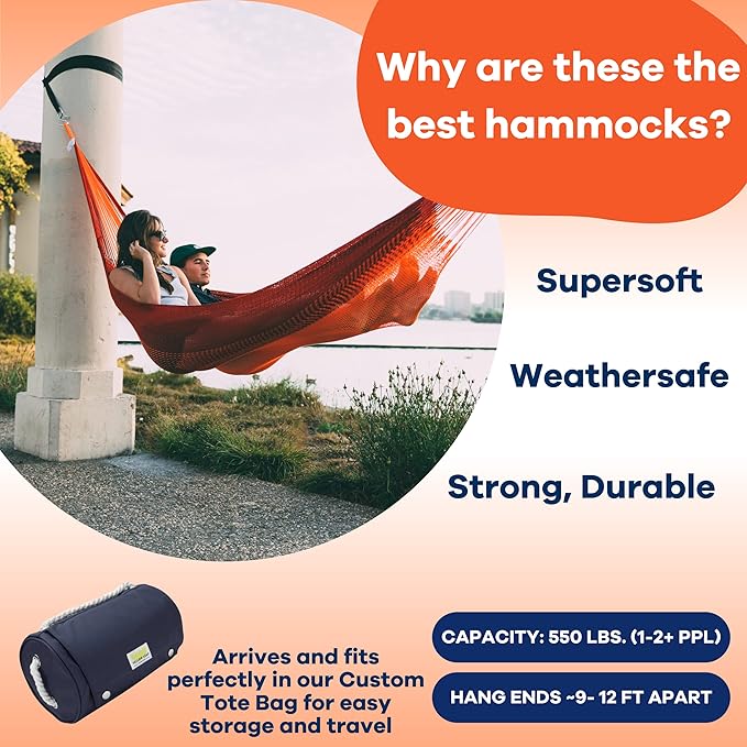 Handwoven Hammock by Yellow Leaf Hammocks - Family Size, Fits 2+ PPL, 550lb max - Weathersafe, Super Strong, Easy to Hang, Ultra Soft, Artisan Made - Color: Red - Orange YellowLeafHammock