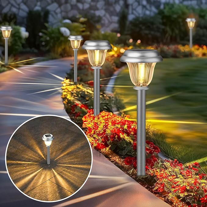 DERAYSION Solar Lights Outdoor Waterproof, Brushed Stainless Steel Glass Solar Pathway Lights, Auto On/Off Long-Lasting Outdoor Solar Lights for Garden, Landscape, Path, Yard 6 Pack DERAYSIONSolarLighting