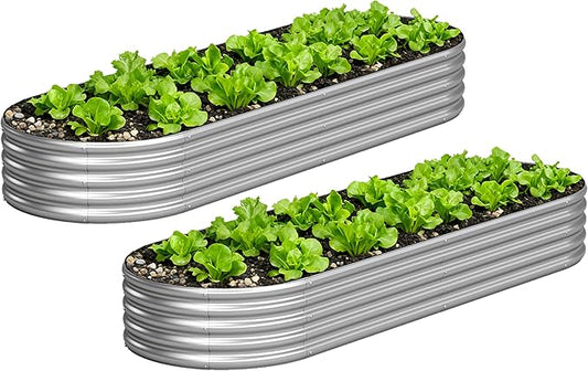 2PCS 8x2x1FT Galvanized Raised Garden Bed Kit,Vegetable Boxes-Oval Metal Flower Box,Large Planter Raised Beds Outdoor Garden for Planting,Fruit,Herb-Silver Yortrek