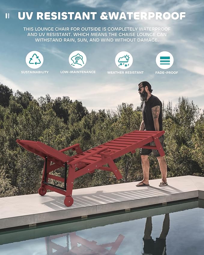 SERWALL Patio Chaise Lounge Chair Set of 2, 78'' Long 5-Positions Adjustable HDPE Outdoor Lounger for Pool, Poly Lounge Chair with Rolling Wheels & Cup Holder for Poolside, Deck, Dark Red SERWALL