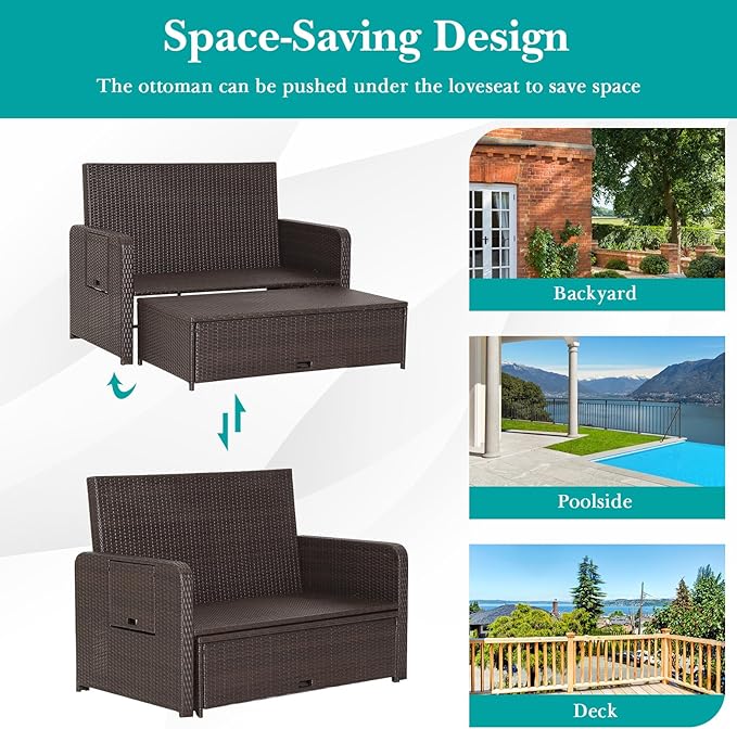 Nightcore Wicker Patio Outdoor Daybed, Outdoor Chaise Lounger w/ 4-Level Adjustable Backrest, Retractable Side Trays, Storage Ottoman, Comfortable & Removable Cushions, Rattan Loveseat (Turquoise) Goplus