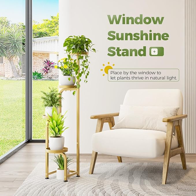 Bamworld Corner Plant Stand Indoor Outdoor, Tall Metal Flower Pot Stands for Multiple Plants, 4 Tier Gold Heavy Duty Plant Shelf for Patio Garden Balcony Living Room Bedroom(Patent Design) Bamworld