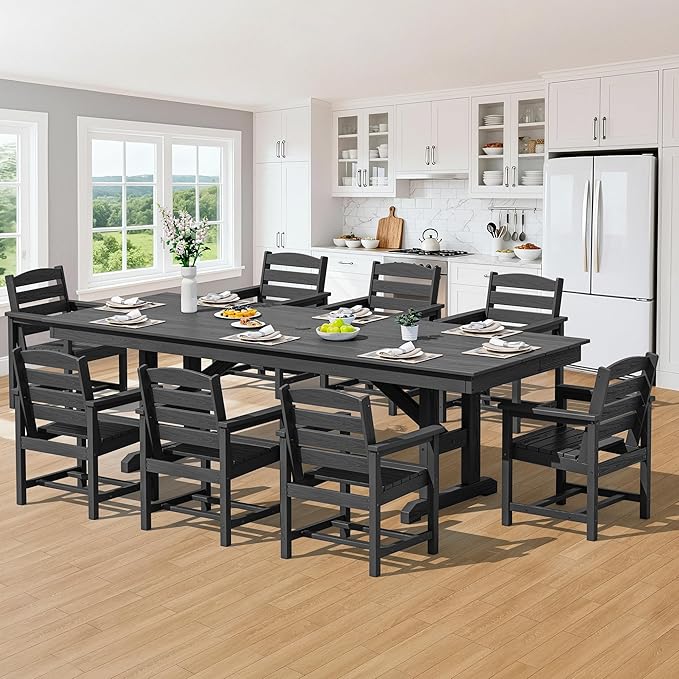SERWALL 9 Piece Outdoor Dining Set, 84" HDPE Outdoor Table and Chairs for 8，All Weather Patio Furniture Set with Umbrella Hole for Backyard, Garden, Black SERWALL