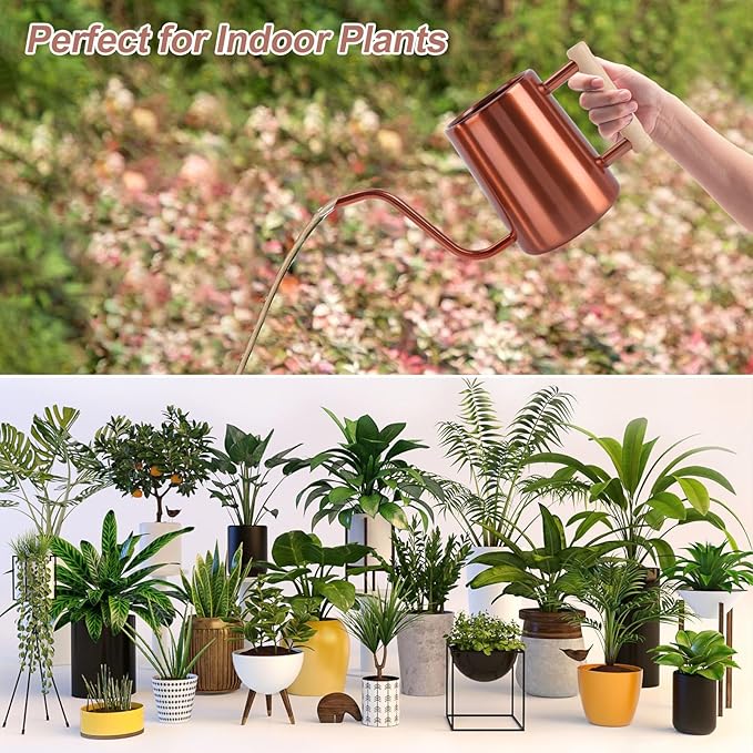 Watering Can Indoor Plants, 35 oz/1000 ml Metal Stainless Steel Watering Can Pot with Long Spout for Indoor House Plants Bonsai Outdoor Garden Flower Decorative (Copper) Rootora