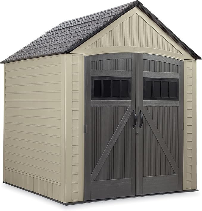 Rubbermaid Resin Outdoor Storage Shed with Floor (7 x 7 Ft) Weather Resistant, Brown Gable, Organization for Home/Backyard/Garden Tools/Lawn Mower/Bike Storage/Pool Supplies Rubbermaid