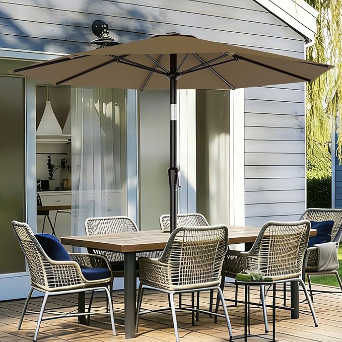 AreShark 9 FT Patio Umbrella for Outdoor, Outdoor Table Umbrella with Push Button Tilt and Crank, Outdoor Patio Umbrellas with 8 Sturdy Ribs for Market, Garden, Pool (Khaki) Rootora