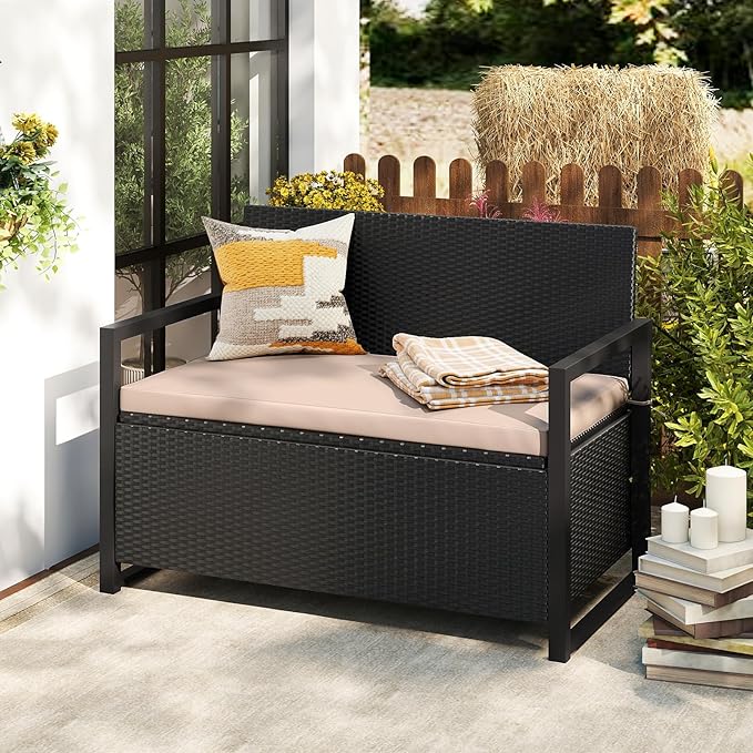 RELAX4LIFE Wicker Outdoor Bench with Storage - Rattan Deck Box w/Protective Liner for Pillows, Pool Supplies, Garden Tools, Patio Loveseat with Seat Cushion & Metal Armrests for Backyard Porch Balcony RELAX4LIFE