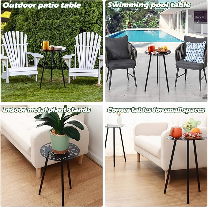 1 Pack Metal Outdoor Side Tables Small Outside Round End Table for Patio Modern Accent Garden Corner Table for Small Spaces, Balcony, Porch, Weather-Resistant, Plant Stand Indoor, Black PartyZealot