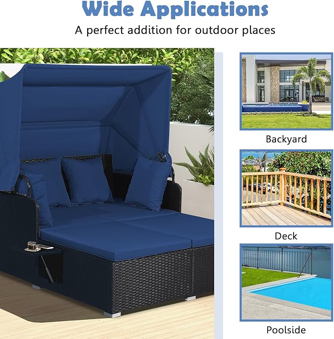 Tangkula Patio Rattan Daybed with Retractable Canopy, Outdoor Wicker Sunbed Lounger with 2 Foldable Side Tables, Thick Seat & Back Cushions, Outside Double Daybed for Garden, Backyard, Porch, Navy TANGKULA