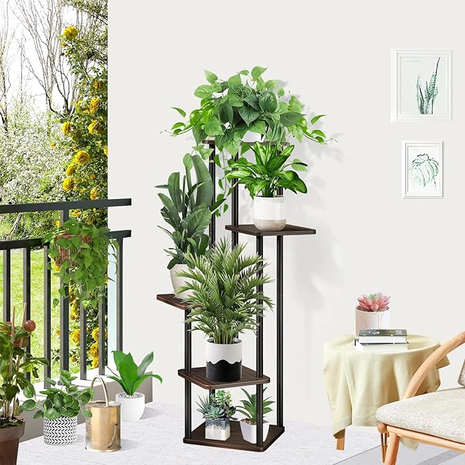 5 Tier Wood Tall Plant Stand Metal Rack Indoor, Multiple Flower Pot Holder Shelves Corner Rack, Planter Shelf Display Rack Storage Organizer for Patio Living Room Balcony Garden(Black Oak) YOCOMEY