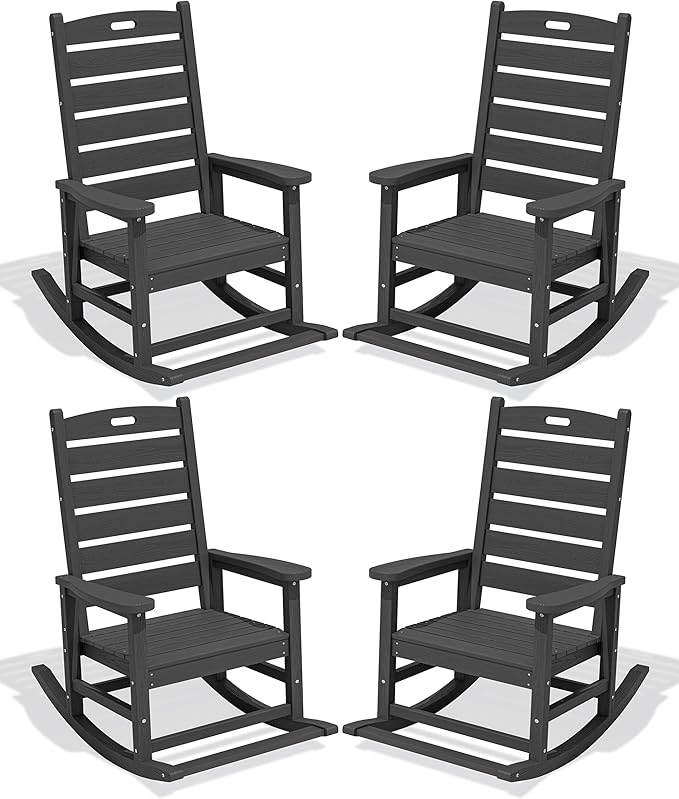 SERWALL Outdoor Rocking Chair Set of 4, Oversized HDPE Patio Rocking Chair with Footrest for Adults, All Weather Porch Rocker for Deck Patio Balcony, Gray SERWALL