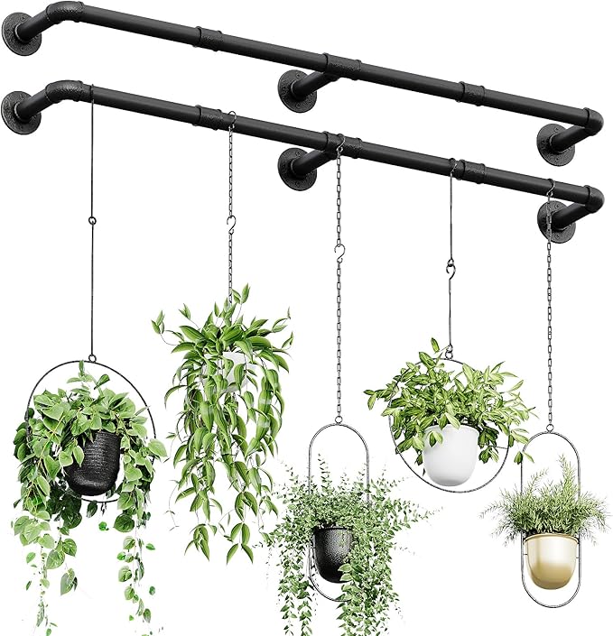 Bamworld Window Plant Hanger Indoor 63in 2PCS Hanging Planters for Indoor Plants Hanging Plants Holder Hanging Rod Window Plant Shelves Wall Planters Pot/Chain/Plant Not Included (Black) Bamworld