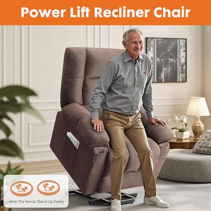 Sweetcrispy Power Lift Recliner Chair with Vibration Massage and Heat for Adults, Ergonomic Overstuffed Breathable Fabric Reclining Chair with Side Pockets, Remote Control, Living Room, Bedroom, Brown Sweetcrispy
