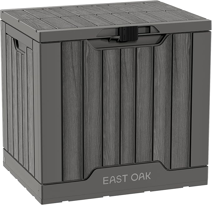 EAST OAK Outdoor Storage Box | 31 Gallon Deck Box Indoor and Outdoor Use | Waterproof Resin Storage Bin with Latch for Patio Cushions, Gardening Tools | UV Resistant | Deep Grey EASTOAK