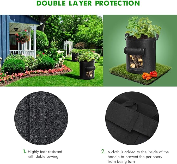 5-Pack 10 Gallon Potato Grow Bags, Garden Planting Bag with Reinforced Handle, Thickened Nonwoven Fabric Pots for Tomato, Vegetable and Fruits Cavisoo
