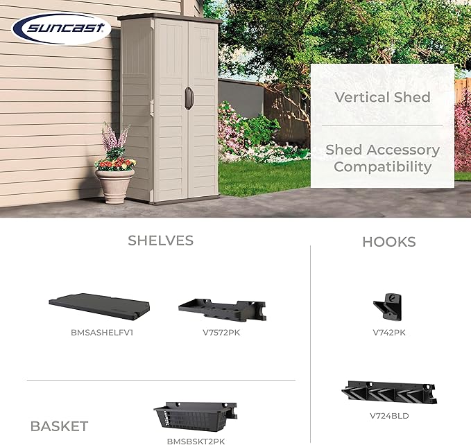 Suncast Vertical Outdoor Storage Shed with All-Weather Construction, Vanilla Suncast