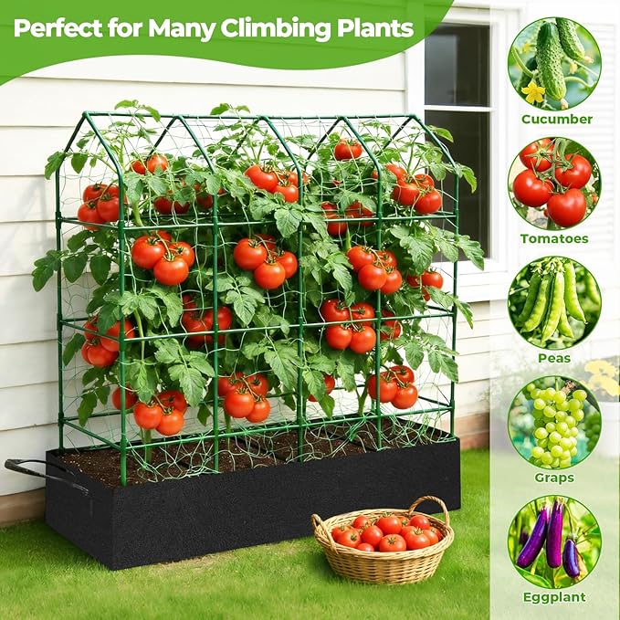 Large Cucumber Trellis for Climbing Plants Outdoor with Grow Bag,67" Tall Metal U-Frame Plant Trellis for Raised Bed with Garden Netting and Plant Clip Plant Ties for Vegetables Tomatoes Squash Pea Rootora