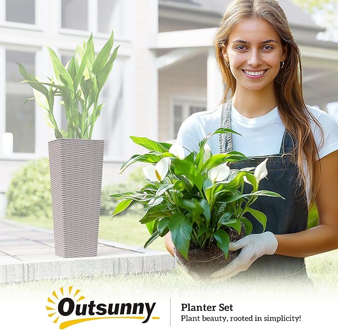 Outsunny 23.6 Inch Tall Planters for Outdoor Plants, Set of 2 Plastic Rattan-Like Flower Pots with Drainage Holes, Stackable Tapered Planters for Indoor Plants, Front Porch, Brown Outsunny