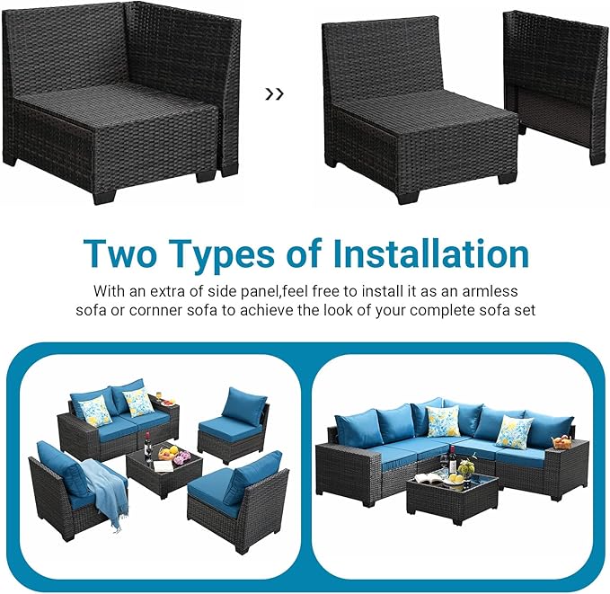 Jing's Villa 8-Piece Patio Furniture Set, All-Weather Outdoor Wicker Sectional Sofa with Cushions,Glass Table & Left and Right Armrest, Rattan Conversation Seating for Porch, Backyard,Peacock Blue JingsVillaOutdoorFurniture