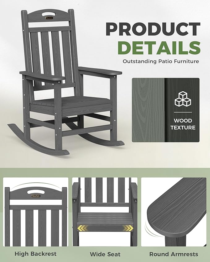 Oversized Outdoor Rocking Chair, HDPE All Weather Resistant Patio Rocking Chair, High Back Porch Rocking Chair, 380lbs Weight Capacity, Dark Grey Suunyn