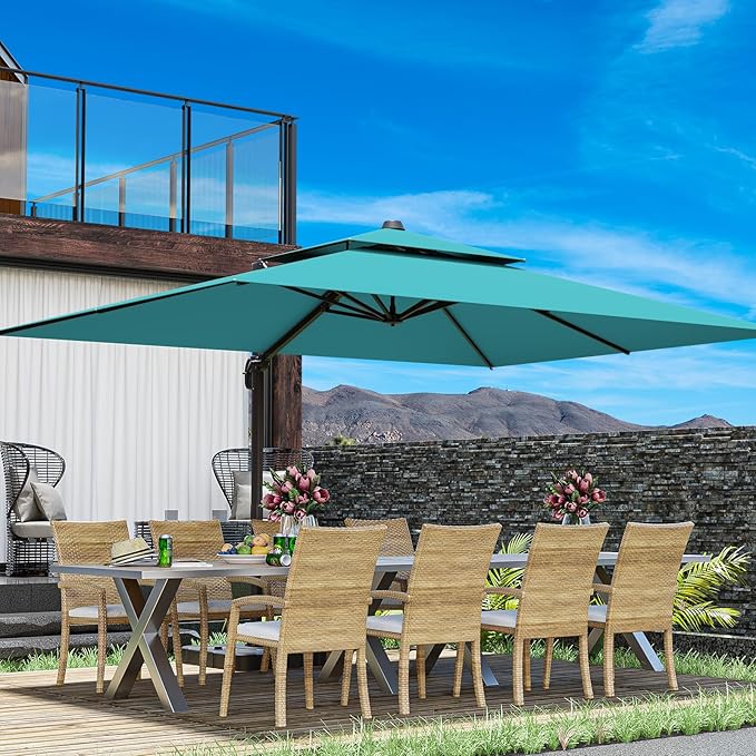 10x13FT Cantilever Outdoor Patio Umbrellas, Double Top Large Rectangle Umbrella, Heavy Duty 360° Rotation Offset Outdoor Sun Shade Umbrella for Garden Deck Pool Backyard Patio, Turquoise ZLACUIU