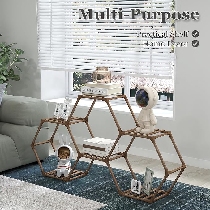 Tikea Plant Stand Indoor Hexagonal Plant Stand for Multiple Plants Indoor Outdoor Large Wooden Plant Shelf Creative DIY 6 Tiered Flowers Stand Rack for Living Room Balcony Patio Window Tikea