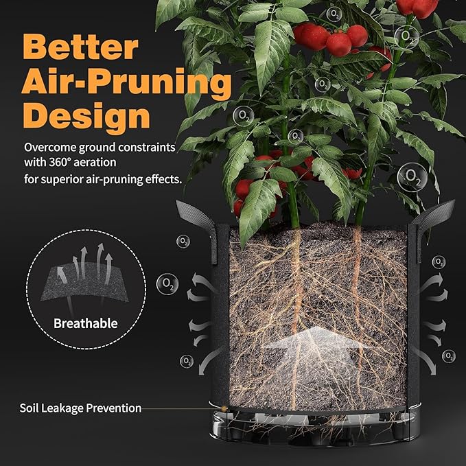 Self-Watering Grow Bags, 5-Pack 3 Gallon 420G Thick Nonwoven Fabric Pots with Reinforced Handles and Multi-Purpose Rings, for Low Stress Plant Training Fruits, Vegetables,and Flowers Patigrow
