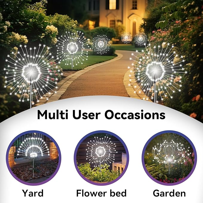 Garden Outdoor Lights, 2 Pack 120 LED Solar Garden Lights Fairy Lights Outdoor Waterproof Decorative Solar Firework Lights for Yard Patio Pathway Flowerbed Party Wedding Decor, White Slyuexu