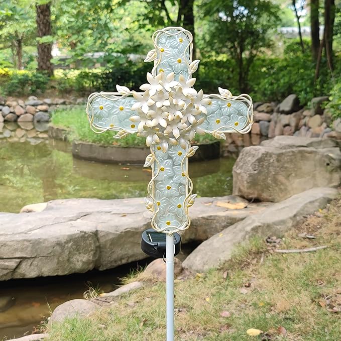 38Inch Solar Cross Garden Lights Outdoor Decorative - Solar Metal&Glass Cross White Hydrangea Flower Stake Lights- Waterproof 20 Warm White LED for Remembrance Gifts & Sympathy Gifts. COOZZYHOUR