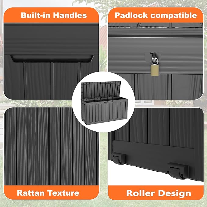 ROJIK Outdoor Storage Box with Wheels,75 Gallon Waterproof Resin Deck Box, Lockable Storage for Patio Cushions,Garden Tools,Pool Accessories,UV-Resistant Storage Bench for Backyard & Deck（Black） ROJIK
