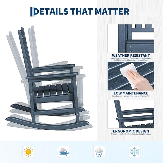 GarveeLife Poly Lumber Rocking Chair Outdoor Set of 2 with Side Table - HDPE High Back Porch Rocker Chairs for Adults - All Weather Resistant Furniture for Patio - Navy Blue GarveeLife