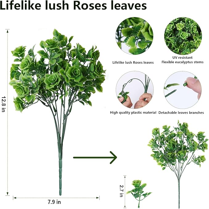 Artificial Fake Outdoor Plants for Spring Summer Decoration, 12 Bundles Fake Plastic Roses UV Resistant Look Real Faux Plants for Planter Outside Front Door Porch Patio Balcony Garden Indoor Yard Urn Ivydale