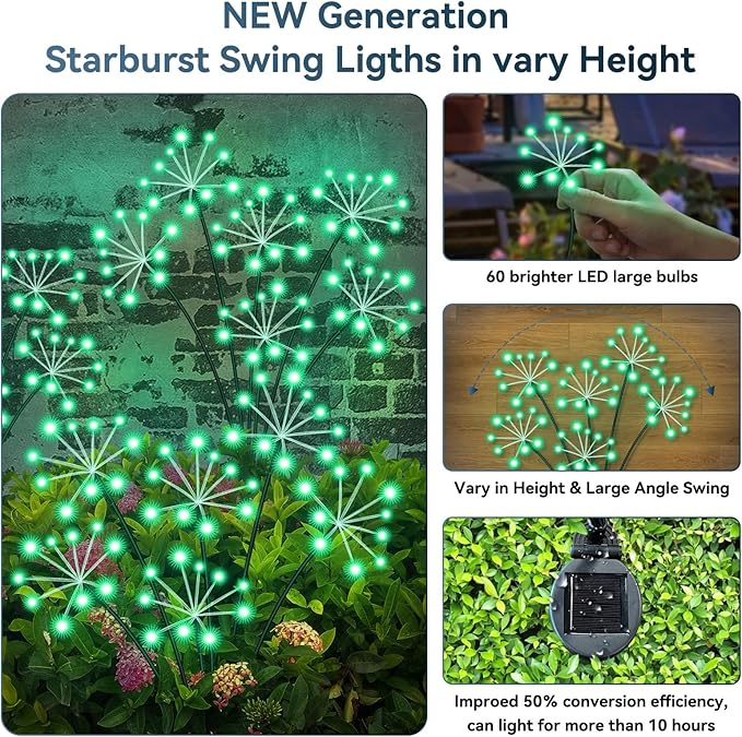 Solar Garden Lights 2 Pack Waterproof Swaying Starburst Light Solar Outdoor Lights for Yard Patio Walkway Pathway Party Wedding Decoration, Unique Gifts for Women, Green Slyuexu