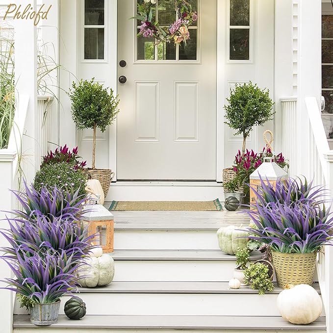 6Pcs Artificial Grass Fake Plants 17.3in Outdoor Plants UV Resistant Faux Greenery Stems Fake Grass for Home Window Garden Office Patio Pathway Front Porch Halloween Décor Green & Purple Phliofd