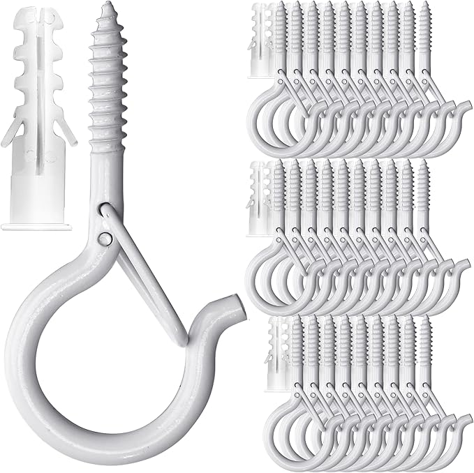 PlusRoc 30 Pack Ceiling Hooks for Hanging Plants Outdoor String Lights Heavy Duty, 2.2 Inch Eye Hook Screw in Cup Hooks Q-Hanger for Patio Lights, Wall Wood Fence Deck Mount(White) PlusRoc