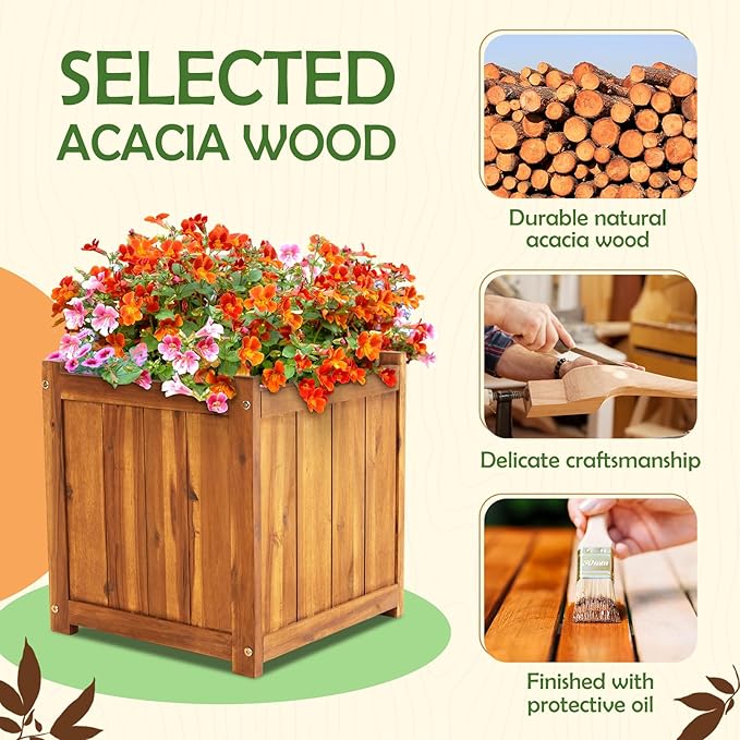 Idzo Set of 2 Hardwood Outdoor Flower Box, Durable Acacia Wood Flower Boxes for Outdoor Plants with Ergonomic Handles, Drainage Holes, Multiple Sizes Wood Bucket Planter for Home Décor Idzo